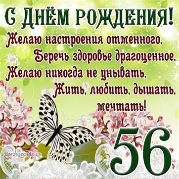 Открытка с бабочкой и цветами на 56 летие