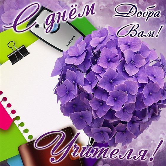 Трогательная открытка на День учителя с фиолетовыми цветами 2023